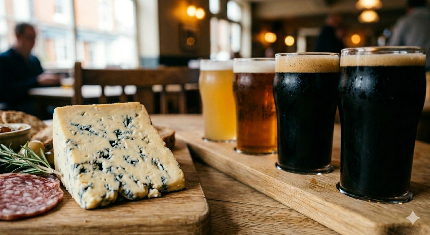 British blue cheese and charcuterie with a flight of craft beers