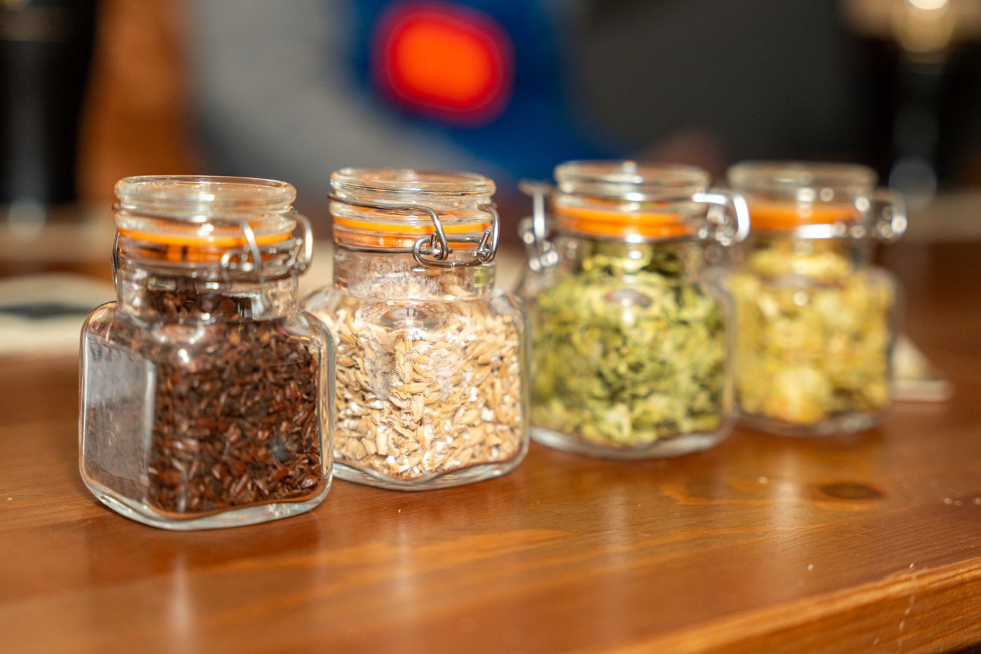 Jars of malt and hops shown to guests on the tour